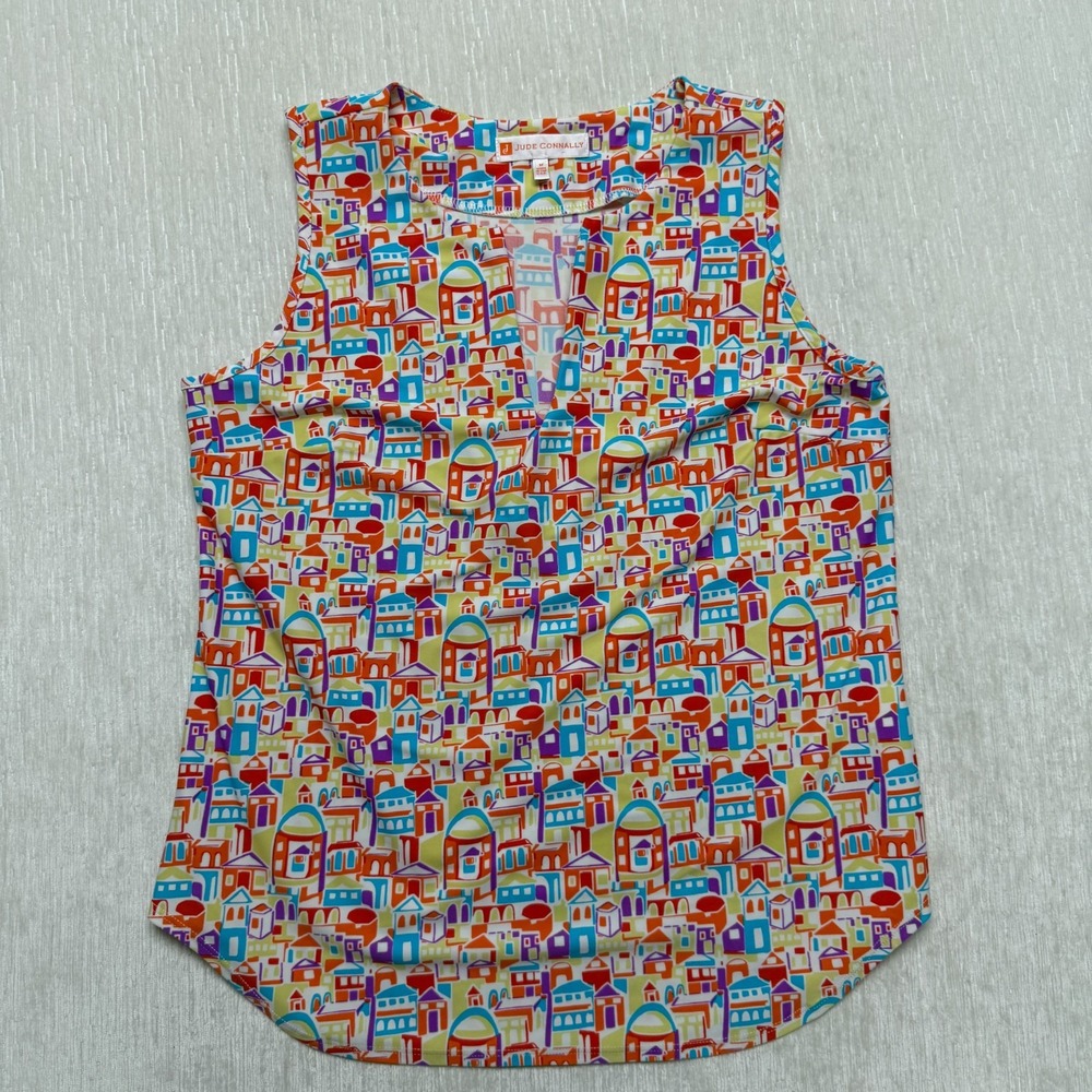 Jude Connally Tank Top Womens Medium Stretch Village Graphic Made USA No-Iron